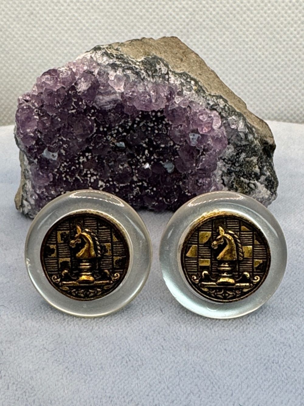 Vintage Chess Knight Cuff Links- Gold-tone & Clear Lucite